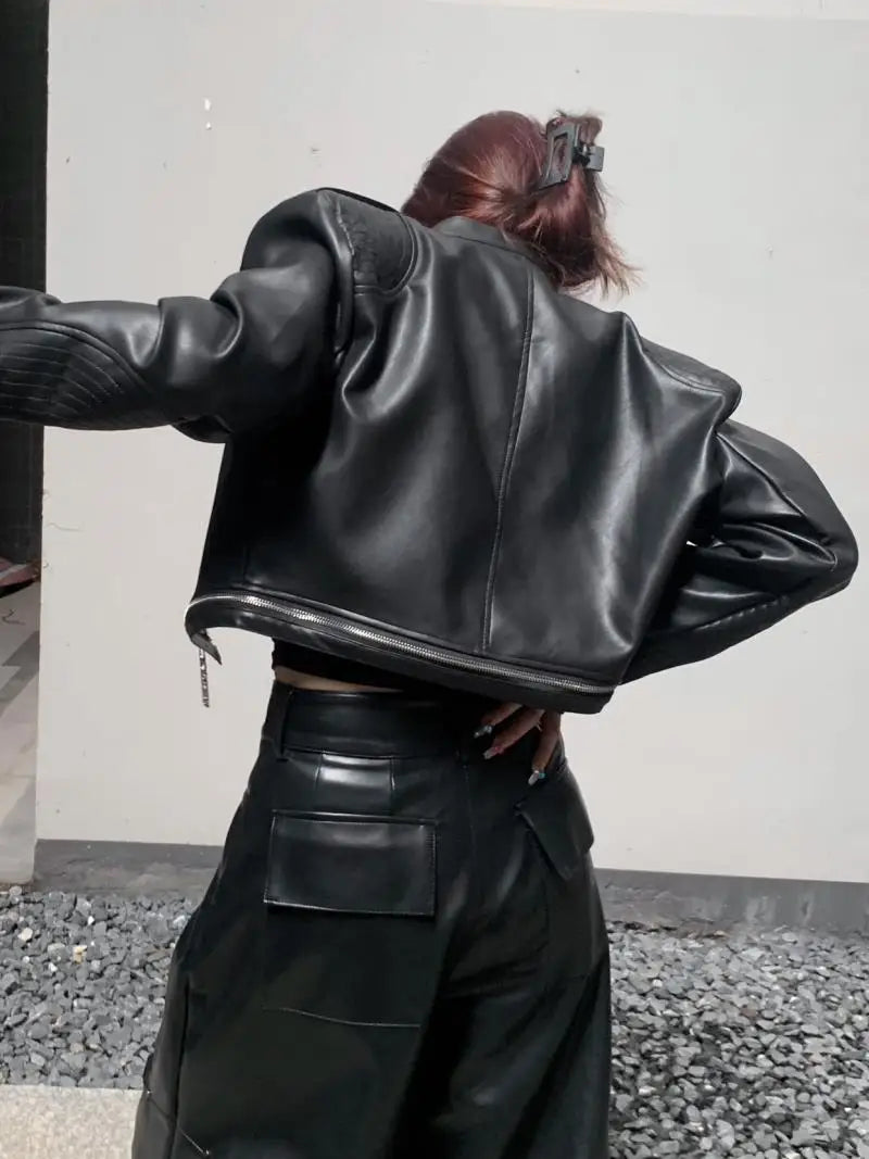 streetwear casual european-and-american-heavy-industry-multi-zipper-design-spider-web-shoulder-pad-leather-jacket-for-women-2024-new-jacket-top quality style premium graphic high wear unisex fit oversized everyday print 38dad3 style design hop essential material image fashion hip - urban streetwear design ID 4ab90