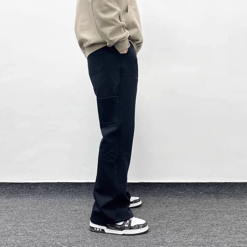 american streetwear gray flared sweatpant men double knee patch micro flare overalls harajuku casual patchwork sweat pants black unique joggers style 2949