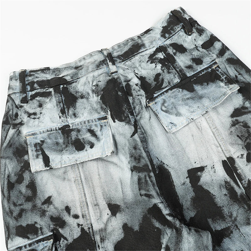 vintage dirty tie dye baggy jeans men multi pocket loose white straight jeans trousers luxury designer oversized denim pant unique jeans style 2942