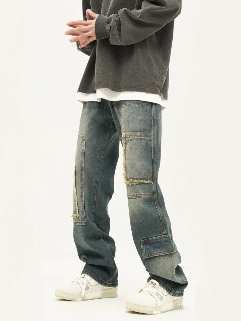 retro washed denim jeans destroyed ripped loose mens biker jeans side pocket fashion streetwear hip hop straight pants joggers relaxed fit joggers