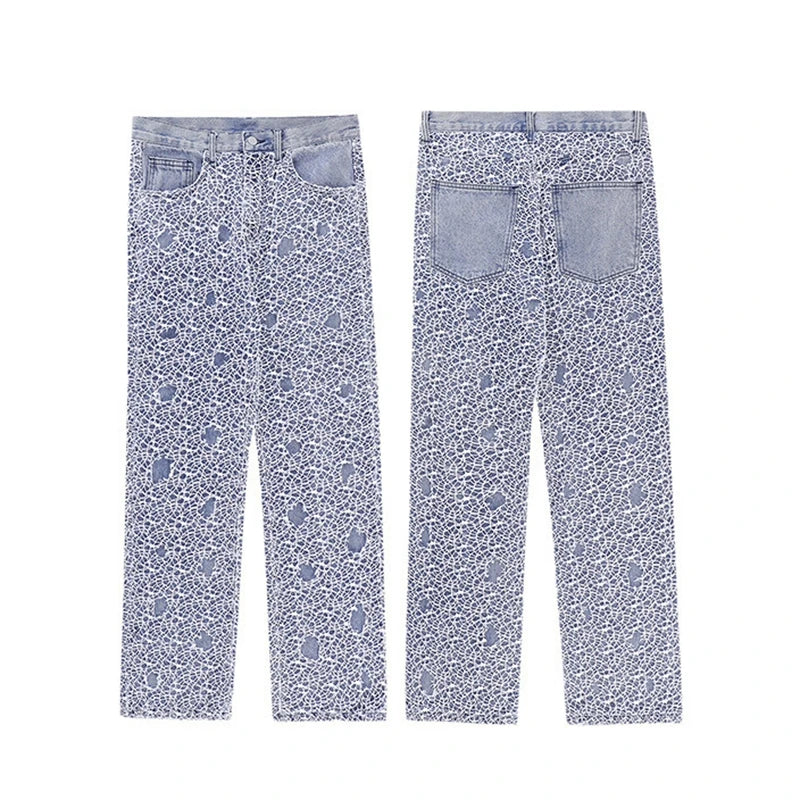 2023 cool design ripped hole mesh gothic blue baggy men jeans pants new fashion straight hip hop denim trousers pantalon homme stacked flare jeans