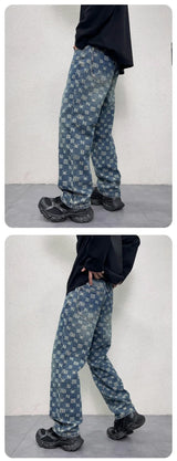 men jacquard streetwear hip hop vibe casual straight denim jeans pants boyfriend high street ripped jeans trousers unique jeans style 3110