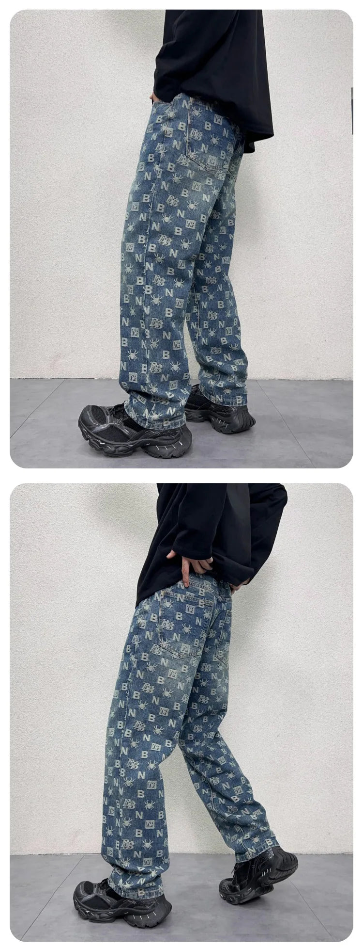 men jacquard streetwear hip hop vibe casual straight denim jeans pants boyfriend high street ripped jeans trousers unique jeans style 3110