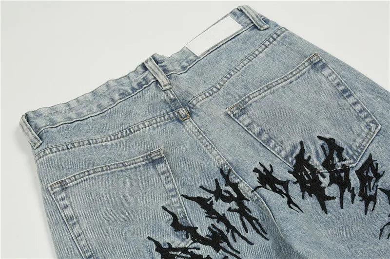 fashion back letters embroidery denim jeans mens casual zipper straight harajuku jean trouser hip hop streetwear pants joggers unique joggers style 5476