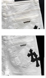 Summer Cotton Elastic Shorts Men's American Style Street Fashion Brand Embroidered White Denim Shorts For Men And Women