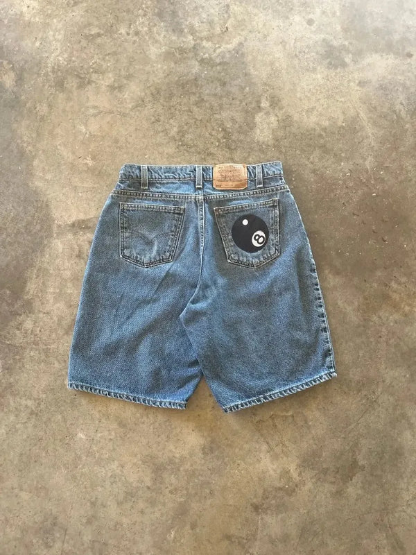 Harajuku Retro Trendy Brand 8 Ball Embroidered Denim Shorts Men Y2k American High Street Summer High Waist Oversized Jeans Women