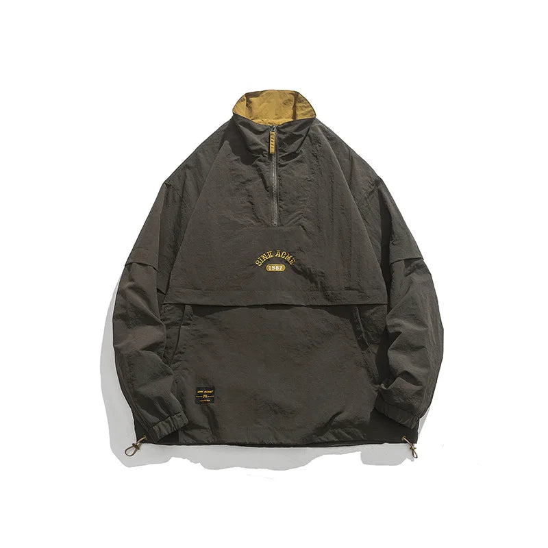 style quality - style hop streetwear urban everyday standing-collar-pullover-jacket-for-men-harajuku-hip-hop-streetwear-loose-coat-embroidered-solid-color-embroidered-letter-tops premium hip essential oversized 5f5444 fashion casual print material wear graphic image design high fit unisex streetwear design ID 3dccb