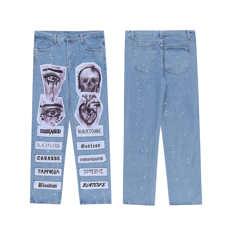 fashion skull graffiti patchwork denim jeans mens zipper jeans hip hop streetwear casual harajuku straight joggers jeans pants unique joggers style 1005