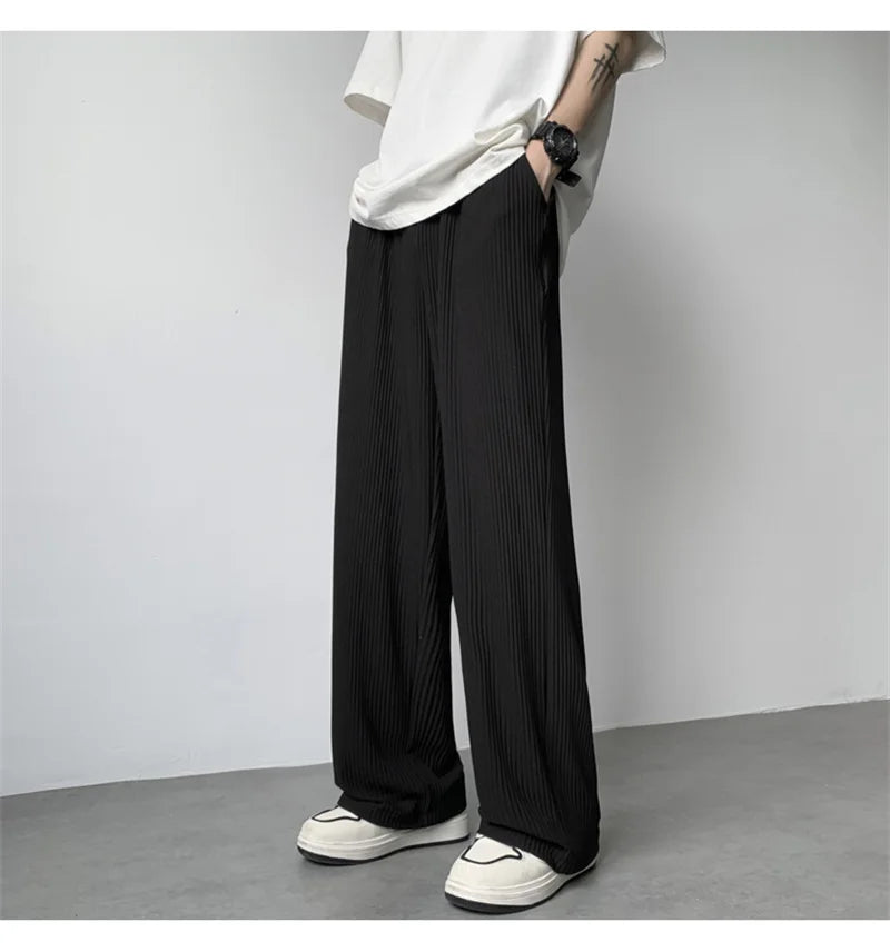 summer texture straight pants for men korean fashion baggy wide leg trousers casual drape pleated striped y2k pantalones hombre unique default style 506