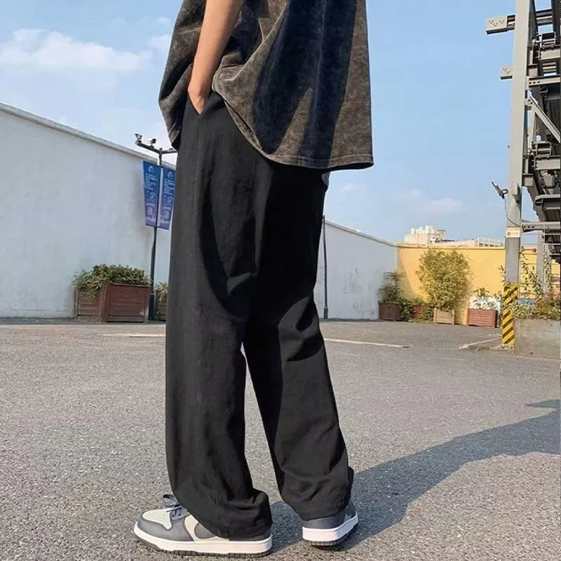 summer casual y2k streetwear straight pants men breathable korean fashion drape trousers solid color wide leg baggy sweatpants unique joggers style 3387