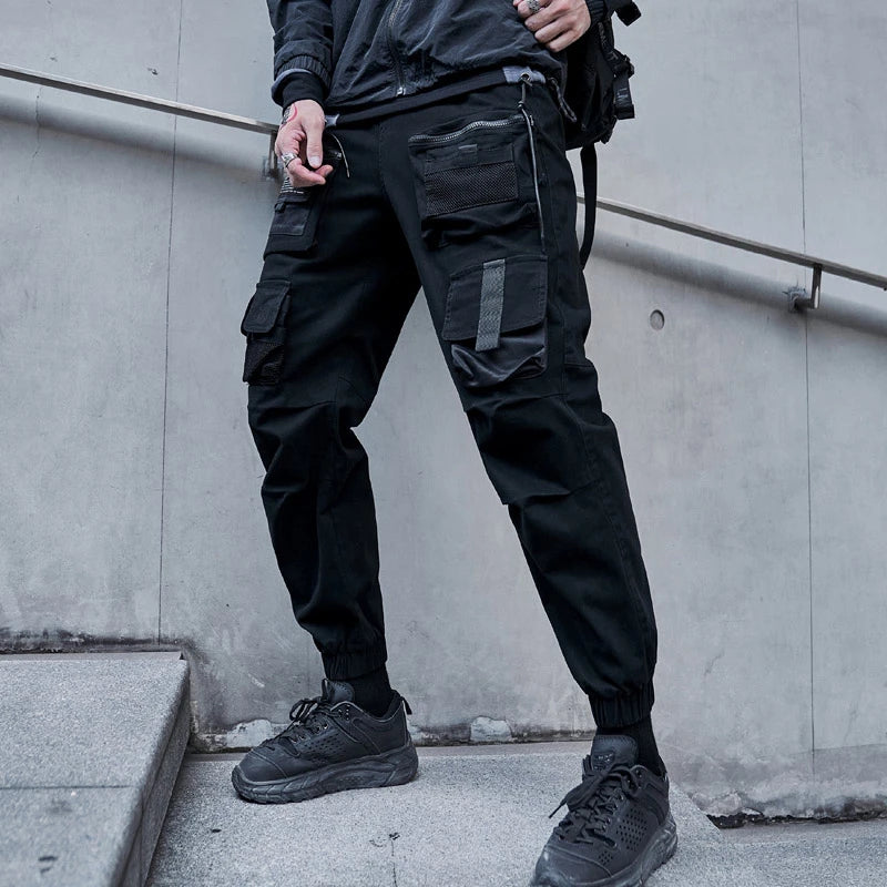 mens cargo pants elastic waist trousers streetwear hip hop loose fit ankle drawstring military pockets sweatpants joggers black unique joggers style 4101