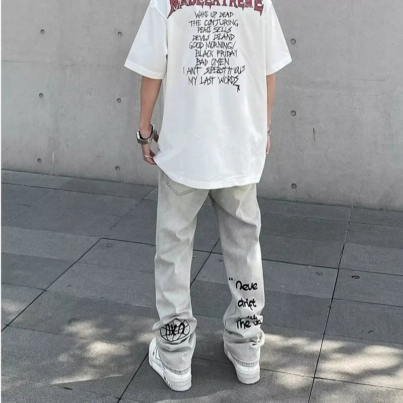 american gothic letter mens baggy jeans y2k retro harajuku straight denim trousers hip hop fashion printed jean man pants stacked flare jeans