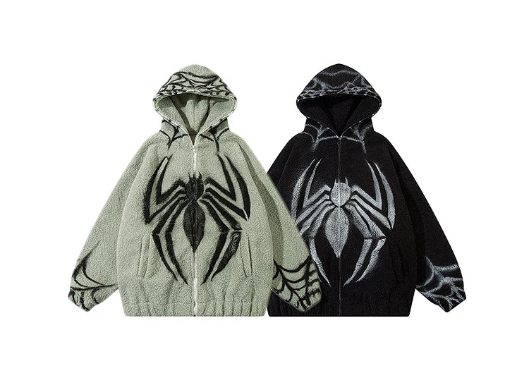 mens harajuku spider graffiti fleece jackets and coats hairy zipper hooded outerwear warm streetwear parkas loose bomber jack - variant style 583863 for streetwear fashion