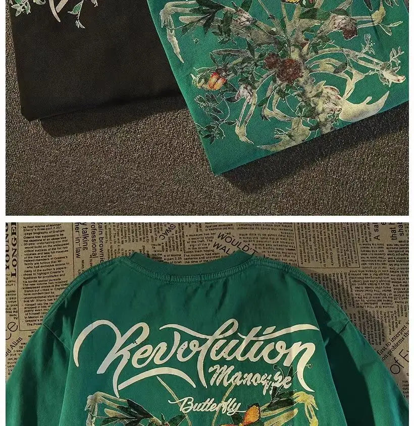 American retro high street skeleton butterfly pure cotton short-sleeved fashion brand half-sleeved y2k top