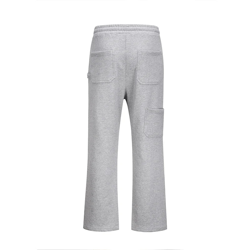 american streetwear gray flared sweatpant men double knee patch micro flare overalls harajuku casual patchwork sweat pants black unique joggers style 2961