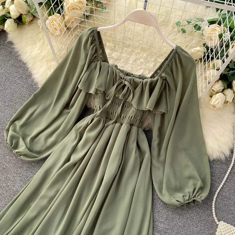 Chic Elegant Square Collar Maxi Dress Women Solid Chiffon Puff Sleeve Dresses 2023 Korean Fashion Vintage Ruffle Vestidos