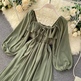 Chic Elegant Square Collar Maxi Dress Women Solid Chiffon Puff Sleeve Dresses 2023 Korean Fashion Vintage Ruffle Vestidos