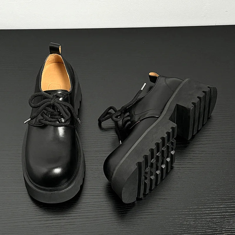 Genuine Leather Increasing Rubber Foam Sole Lightweight Derby Shoes Men Streetwear Fashion Real Cow Leather High Heels Shoes
