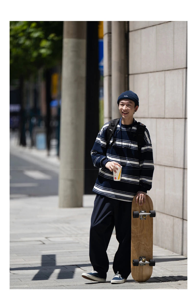 Layered Streetwear Knit Top – Autumn Japanese Retro Striped Sweatshirts For Men And Women Y2K Streetwear Crewneck Long Sleeve T Shirts Casual Pocket Knit Tops | Zip Knit Drop #58