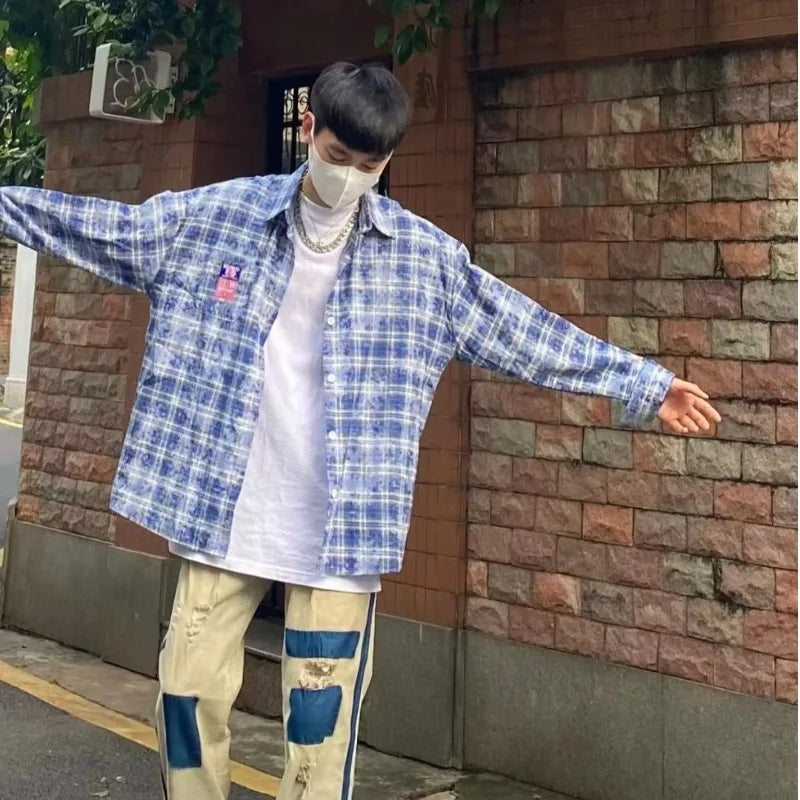 spring street fashion set mens blue plaid printed shirt color blocking trendy jeans 2 pcs set retro college suit male new stacked flare jeans