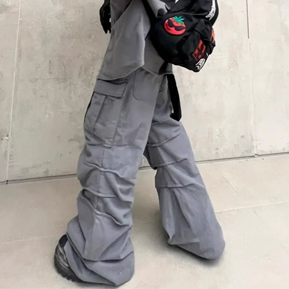 streetwear big pockets sashes pleated baggy jeans for men and women washed straight casual cargo pants oversize denim trousers military streetwear pants
