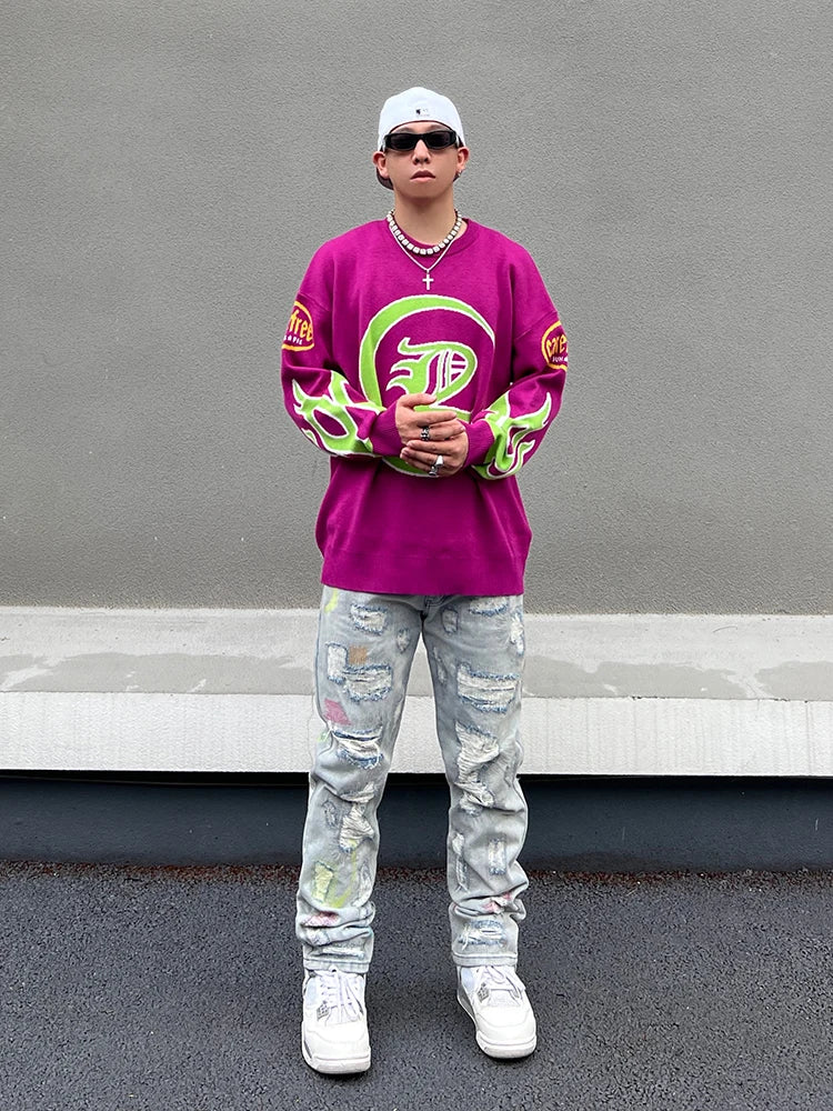hip hop knitted sweater men letter fire pattern o neck pullover streetwear casual loose sweater unisex harajuku jumpers knitwear urban wear with bold artwork, streetwear fashion hoodie, trendy hip hop style outerwear