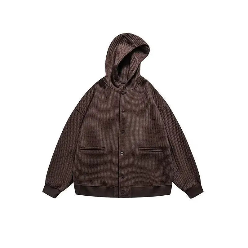 Korean Retro Y2K Waffle Hooded Jacket for Men and Women Ins Harajuku Style Casual Loose Couple Wear Cardigan Sweatshirt