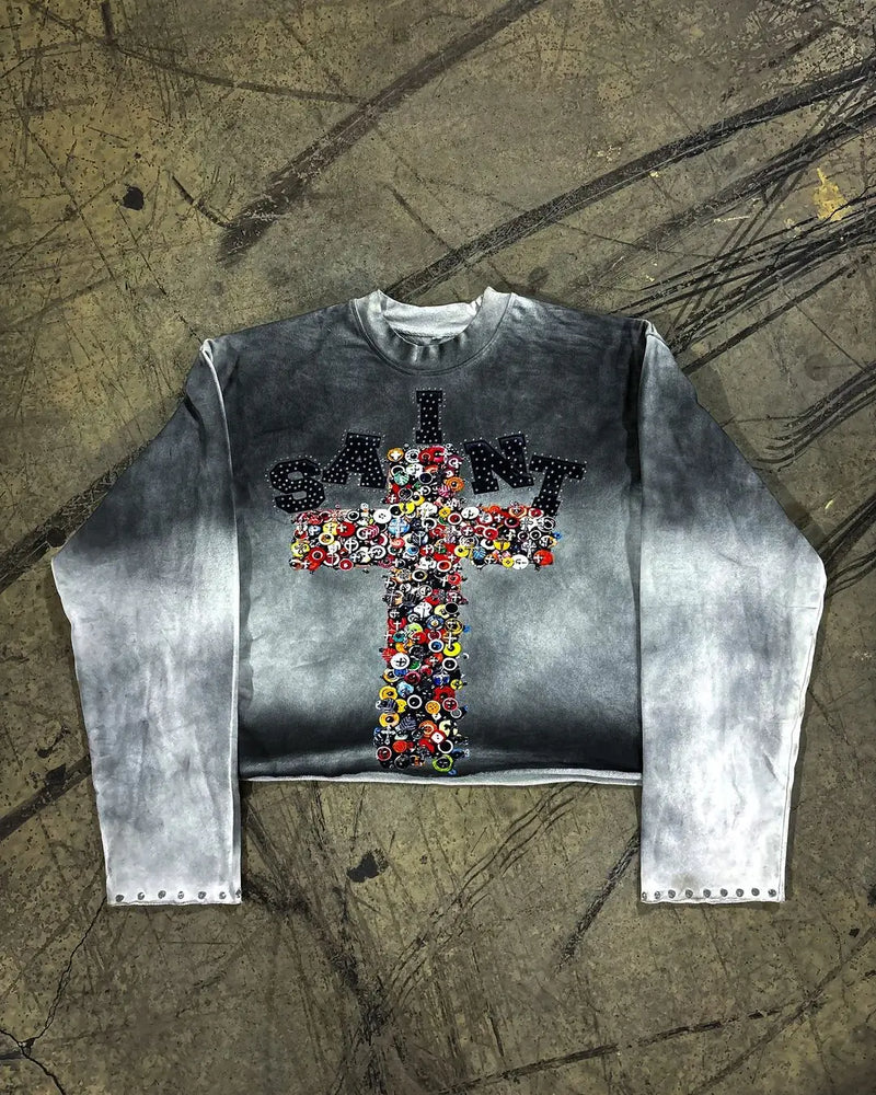 Glitchcore Broken heart – Gothic Punk Pattern Long Sleeved Graphic T Shirts Round Neck