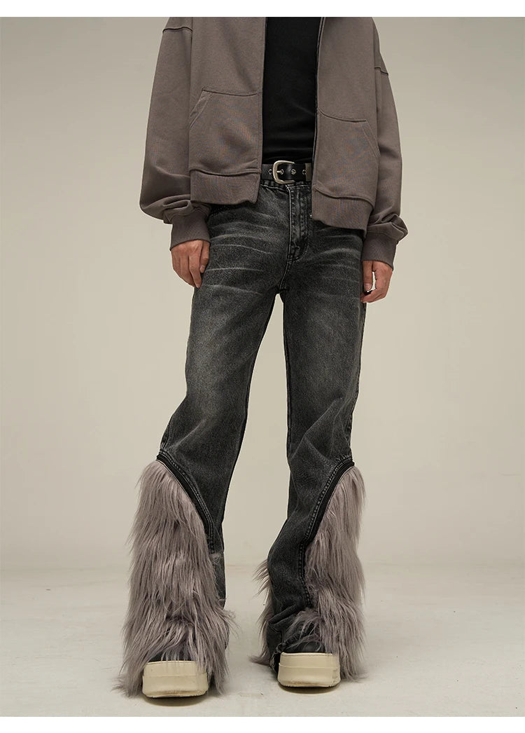 harajuku denim straight jeans men trousers high street zipper detachable fur bottom streetwear casual loose joggers jean pants unique joggers style 3973