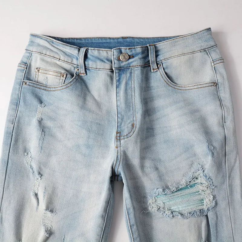 american style high street light blue ripped jeans mens pic slim fit stretch ripped skinny pants urban skinny jeans