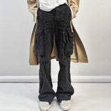 y2k streetwear tassel multi pocket jeans for men straight solid baggy cargo pants pantalones hombre casual denim trousers unique cargo style 759