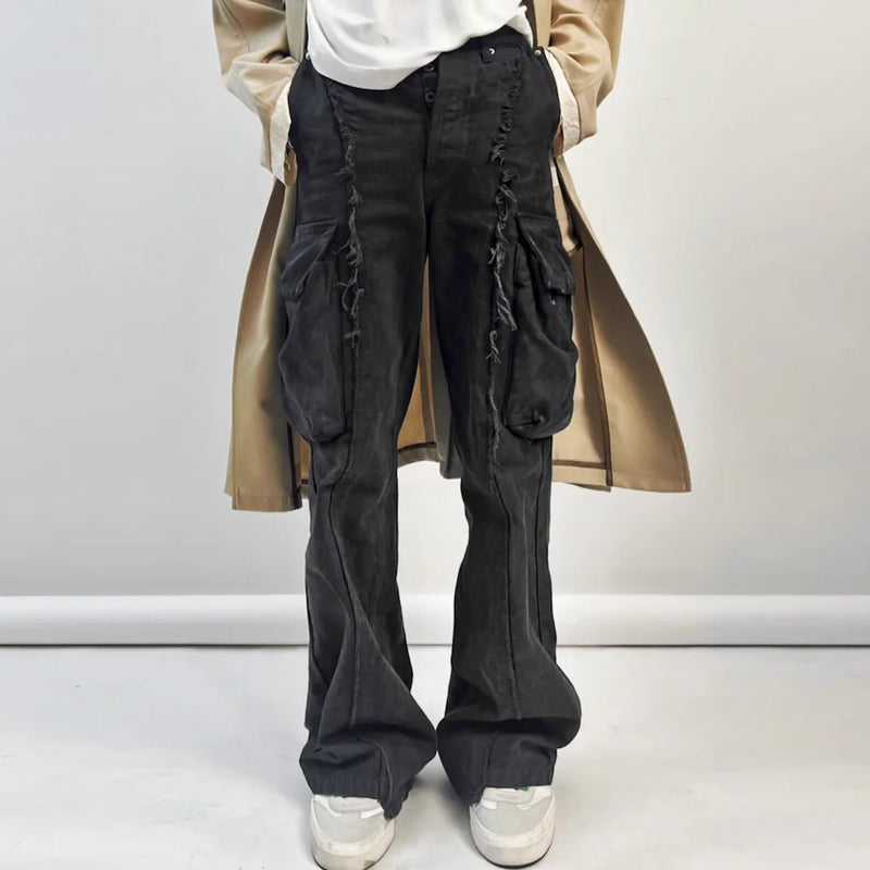 y2k streetwear tassel multi pocket jeans for men straight solid baggy cargo pants pantalones hombre casual denim trousers unique cargo style 759