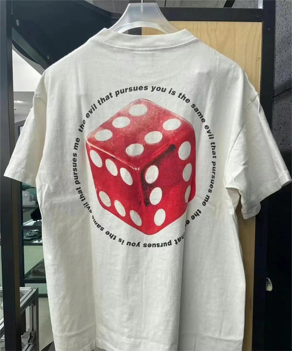 Summer Vintage Retro Dice Printing High-Street Casual Loose T-Shirt Tops