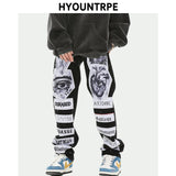 fashion skull graffiti patchwork denim jeans mens zipper jeans hip hop streetwear casual harajuku straight joggers jeans pants casual joggers