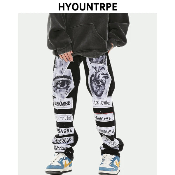 fashion skull graffiti patchwork denim jeans mens zipper jeans hip hop streetwear casual harajuku straight joggers jeans pants casual joggers