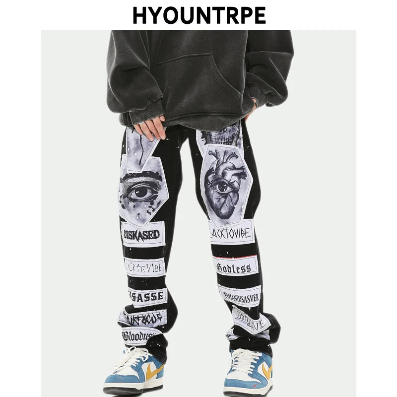 fashion skull graffiti patchwork denim jeans mens zipper jeans hip hop streetwear casual harajuku straight joggers jeans pants casual joggers
