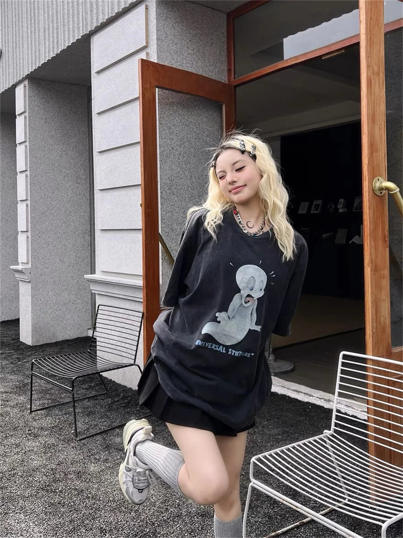 Vintage Retro Cartoon anime washed  high street  summer loose fashion casual T-shirt Tops