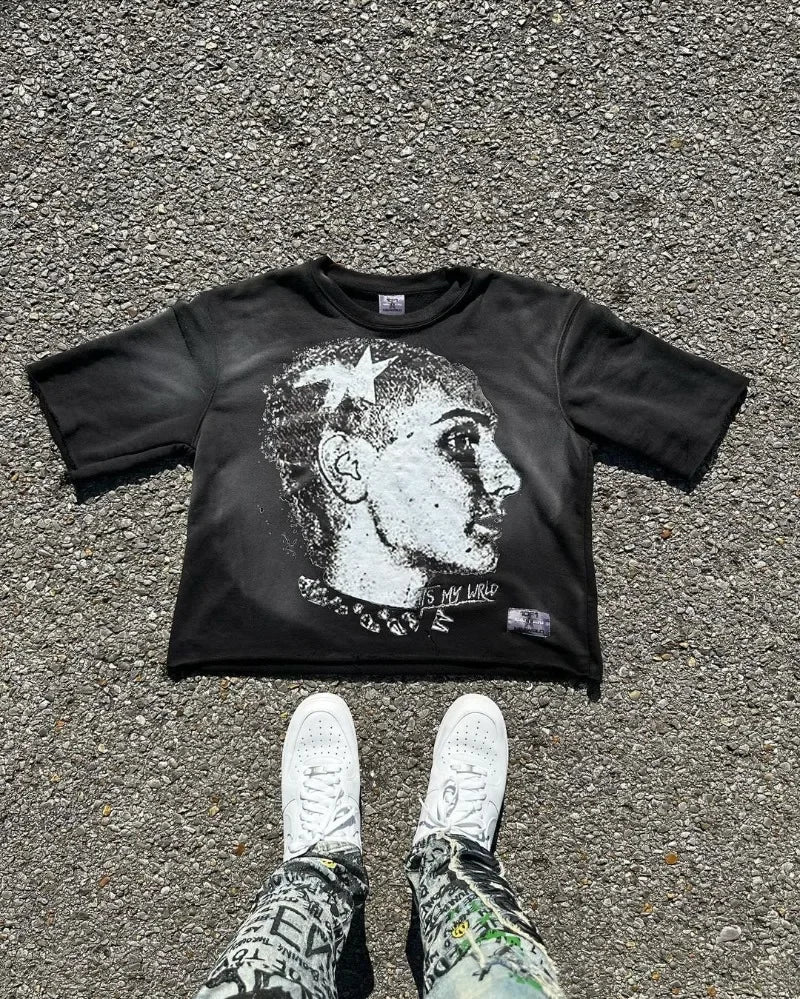 American High Street Fashion Cartoon Portrait Printed Oversized T-shirt Women Y2k Goth Harajuku Casual Versatile Short-sleeved