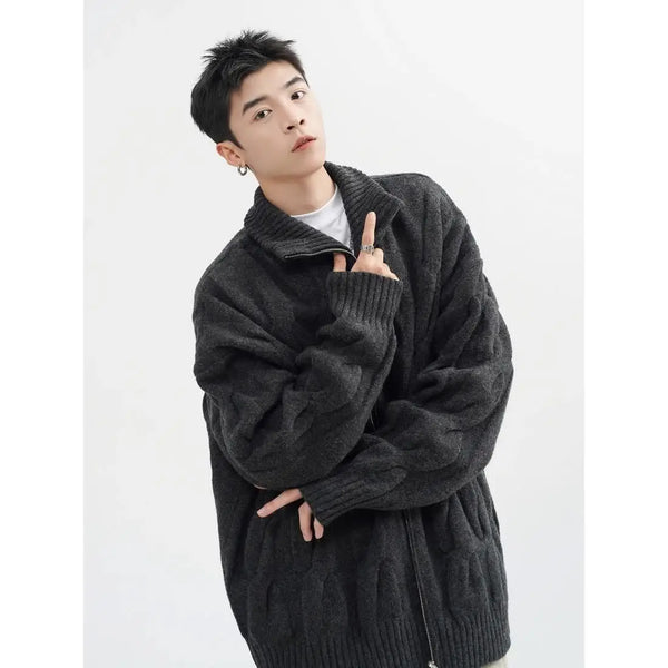 Autumn and Winter American New Style Men and Women Trendy Personalized Stand up Collar Knitted Shirt Couple Loose Retro Simple