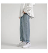 korean fashion mens baggy jeans classic all match solid color straight leg denim wide leg pants male light blue grey black unique jeans style 1133