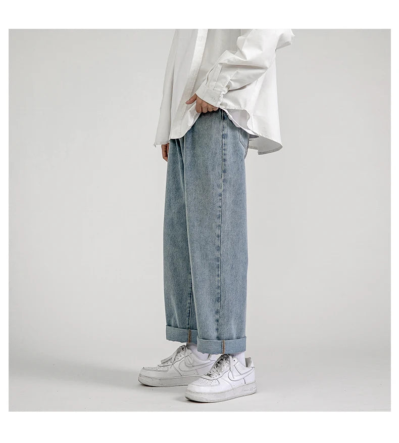 korean fashion mens baggy jeans classic all match solid color straight leg denim wide leg pants male light blue grey black unique jeans style 1133