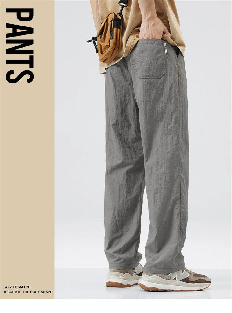 2024 new linen straight baggy pants for men summer breathable wide leg trousers y2k streetwear drawstring gym pantalones hombre unique default style 3271