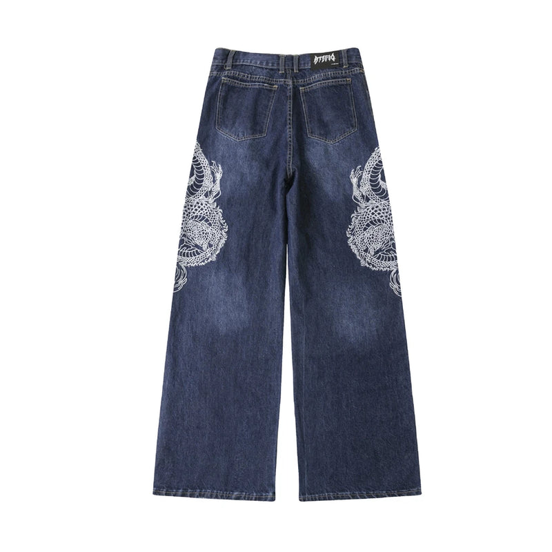 mens black baggy jeans dragon embroidered straight jeans streetwear hip hop loose trousers male luxury designer denim pants unique jeans style 1998