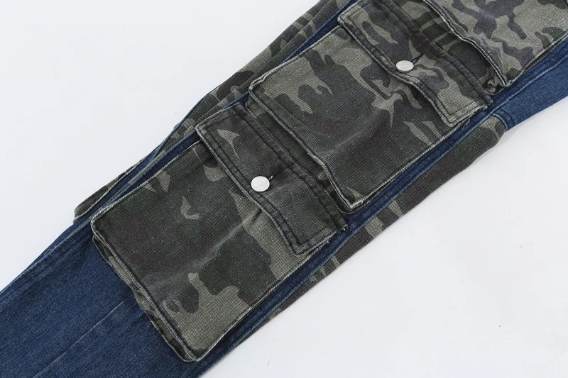 street wear camouflage patchwork cargo flared jeans harajuku unisex functional side multiple pockets camou jeans pants baggy unique cargo style 4439