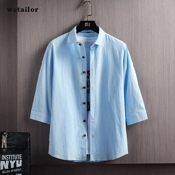Wetailor New Summer Hot Sale Men's Short Sleeve Shirts Solid Color Easy Care Comfortable Stand-Up Collar Casual Beach Style