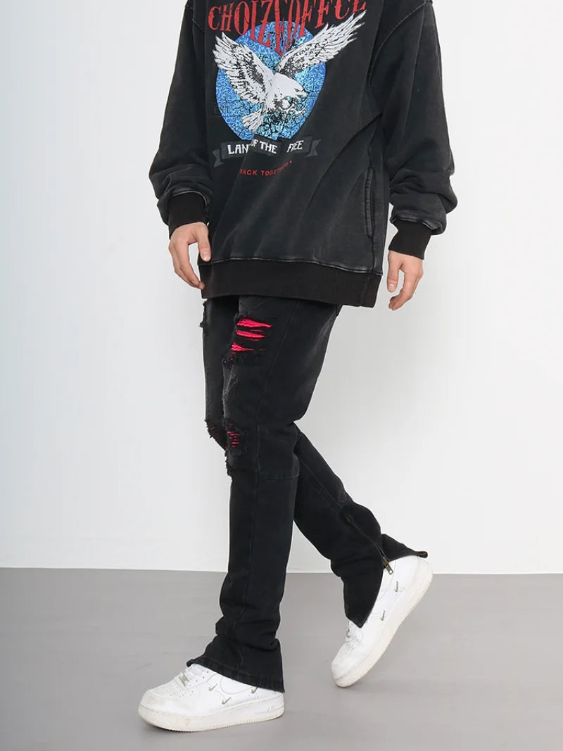 knee ripped patchwork jeans for men hip hop skinny biker taped jean trouser slim fit black denim pants fashion streetwear jogger urban active pants