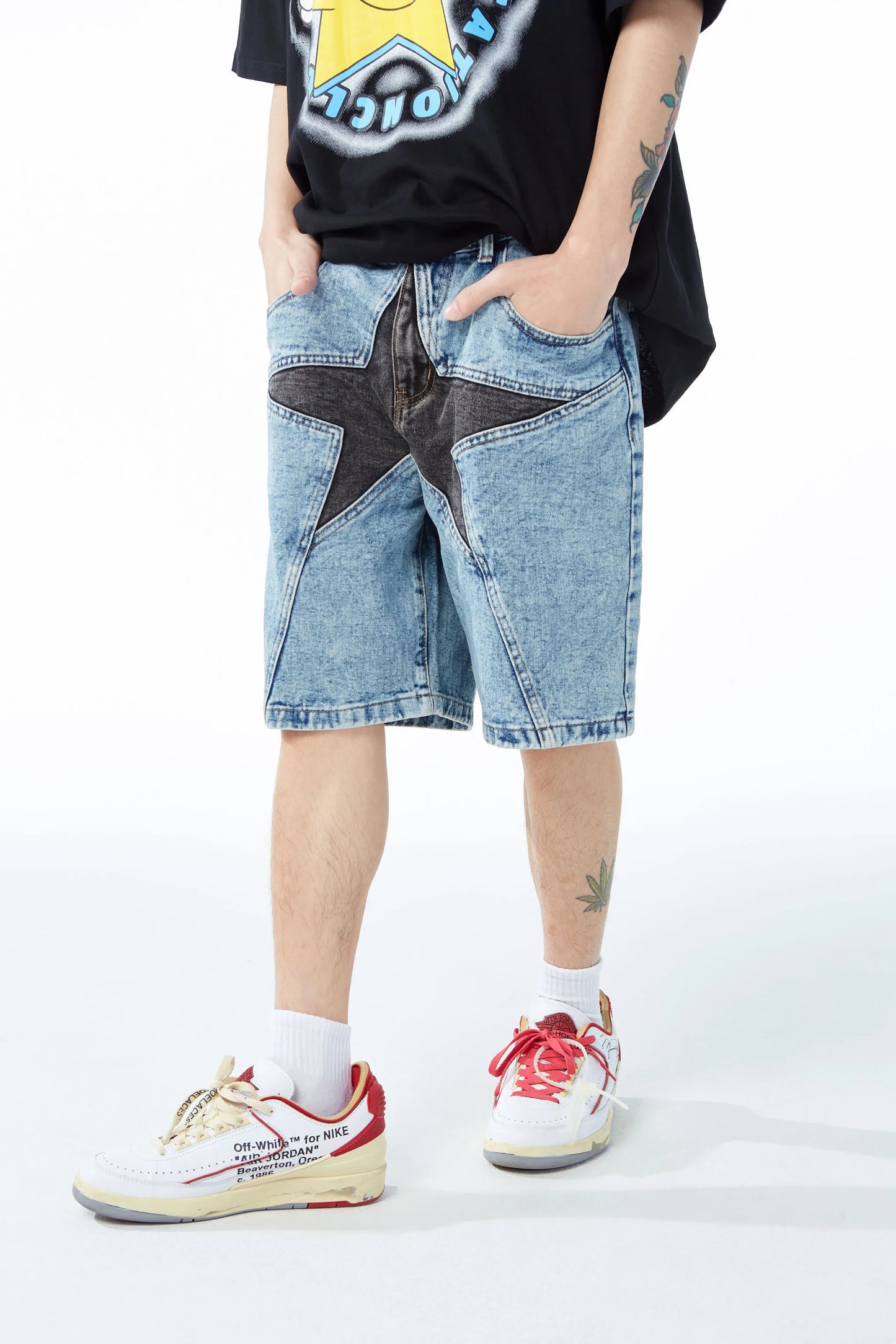hip hop loose denim shorts pants fashion patchwork stars half pant men summer casual zipper streetwear short joggers men shorts unique joggers style 2829
