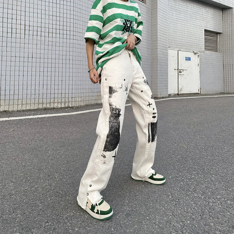 men punk denim pants y2k streetwear hip hop graffiti graphic print straight jeans pants fashion harajuku casual trousers grunge urban skinny jeans