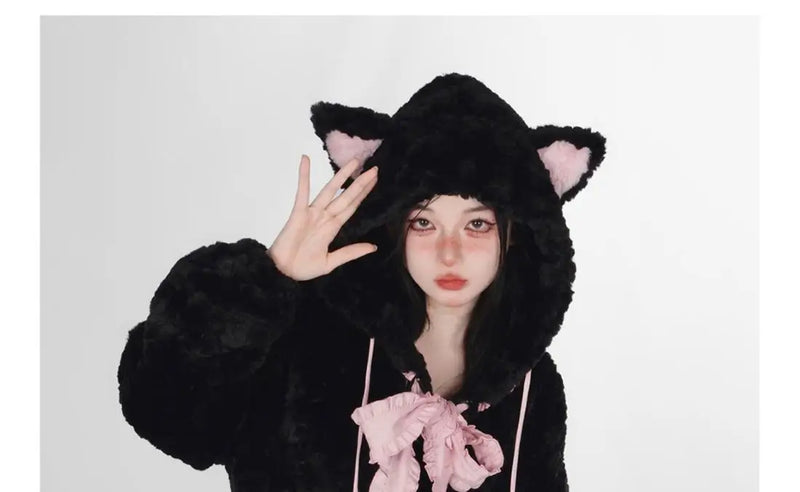 Sadcore Shirt – Harajuku Little Wildcat Hoodies Women Bodysuit Black Tie Bow – Streetwear Fashion for Men & Women