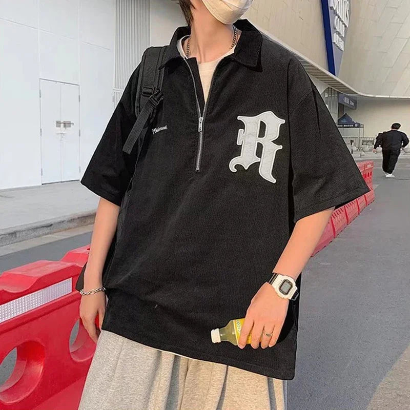 Glitchcore Barcode glitch – Korean Fashion Embroidery Polo T Shirt High Street Short Sle
